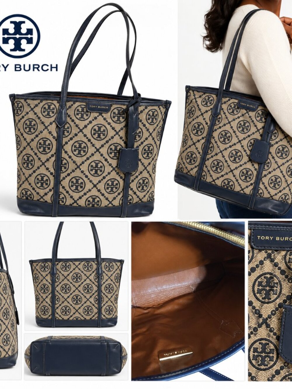 Tory Burch T Monogram Navy Beige Canvas Tote Bag Classic Preppy Leather Trim